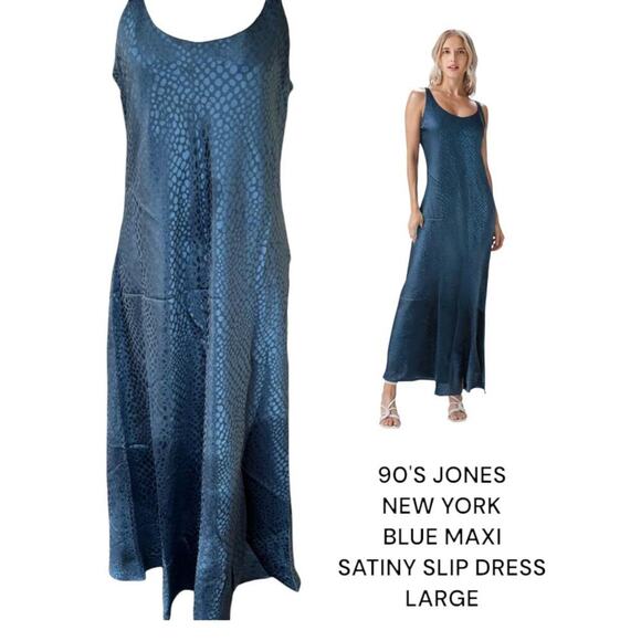 90'S VINTAGE JONES NEW YORK BLUE‎ SATINY MAXI DRESS LARGE. - Picture 1 of 7